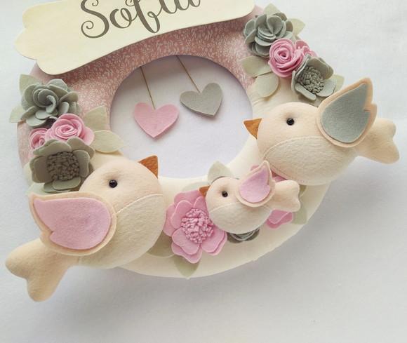 Guirlanda Passarinhos de Feltro Cinza e Rosa - Sofia