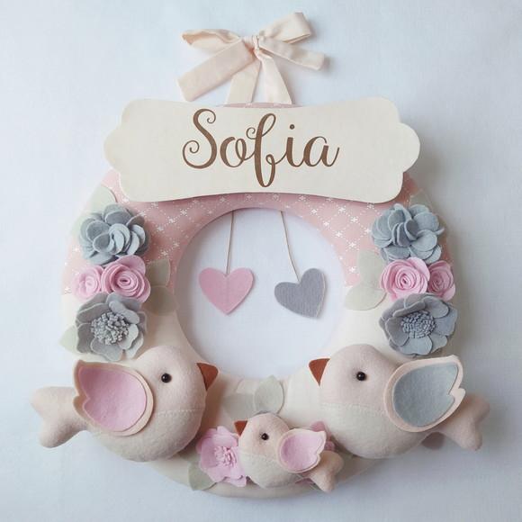 Guirlanda Passarinhos de Feltro Cinza e Rosa - Sofia