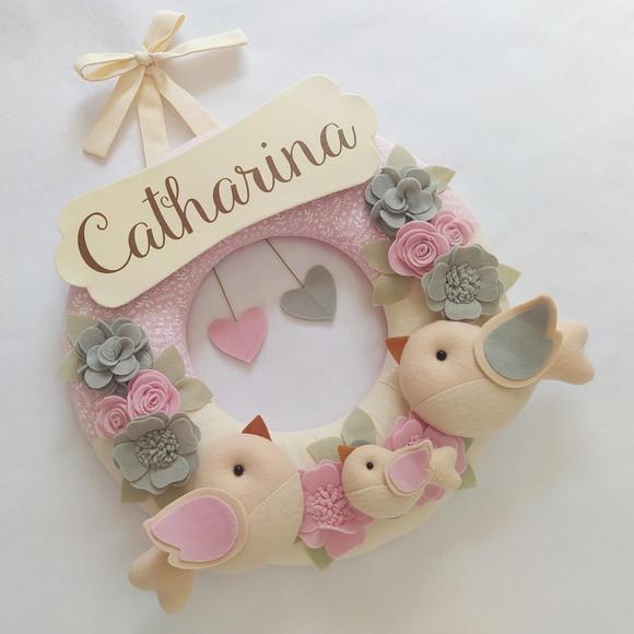Guirlanda Passarinhos de Feltro Cinza e Rosa Catharina