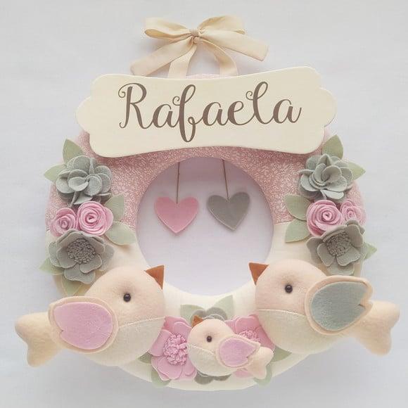 Guirlanda Passarinhos de Feltro Cinza e Rosa Rafaela
