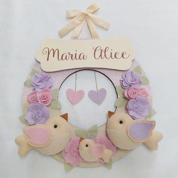 Guirlanda Passarinhos de Feltro Lilás e Rosa - Maria Alice