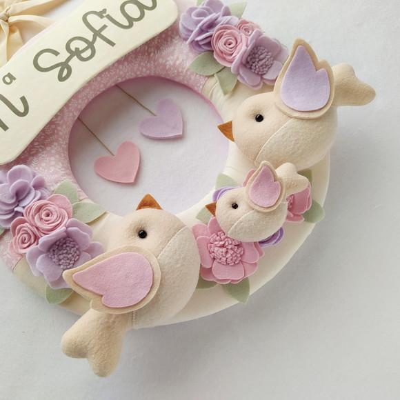 Guirlanda Passarinhos de Feltro Lilás e Rosa Maria Sofia