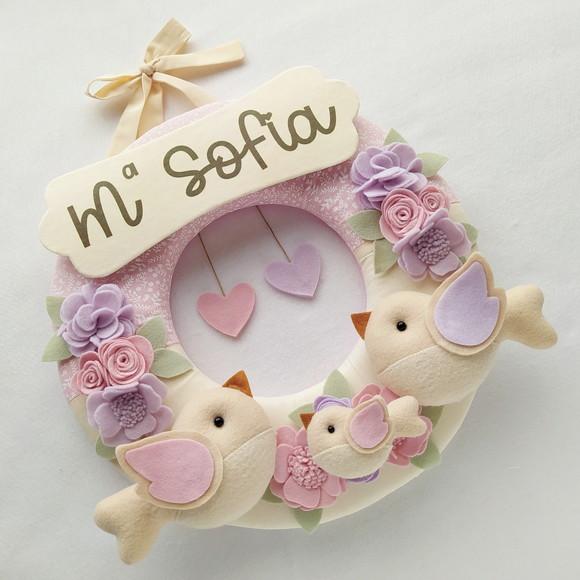 Guirlanda Passarinhos de Feltro Lilás e Rosa Maria Sofia