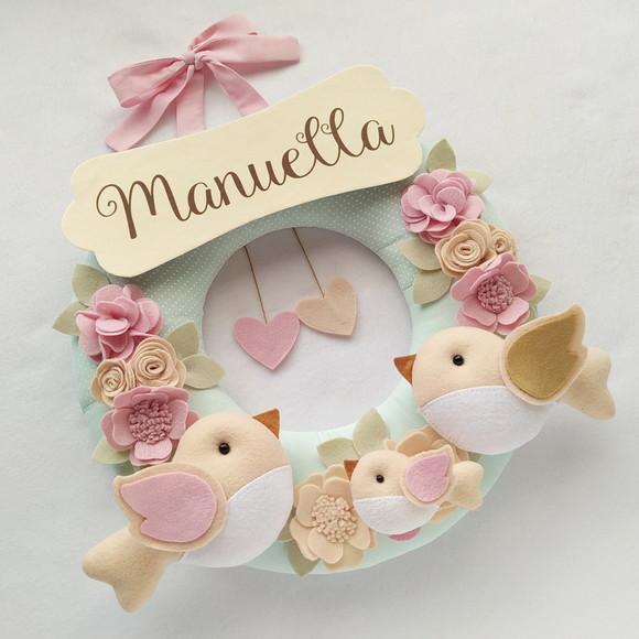 Guirlanda Passarinhos de Feltro Verde e Rosa - Manuella