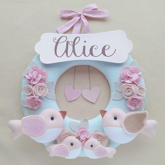Guirlanda Porta de Maternidade Passarinhos Verde e Rosa - Alice
