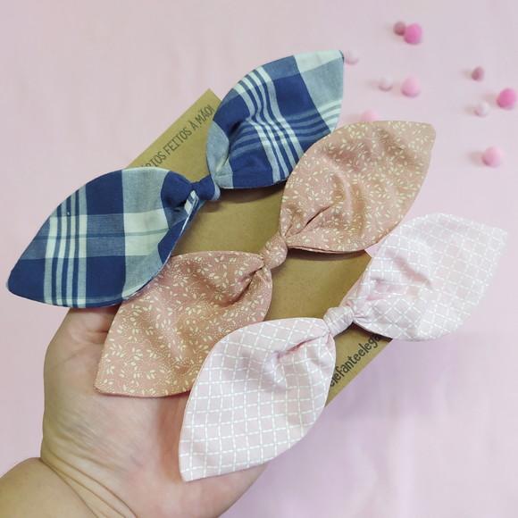 Kit 3 Laços Isa G - Xadrez Marinho, Folhagens Rosé e Rosa Bb