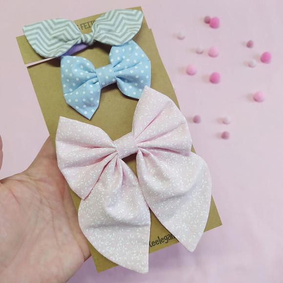 Kit 3 Laços Isa P, Libélula e Bella m - Cinza, Azul e Rosa