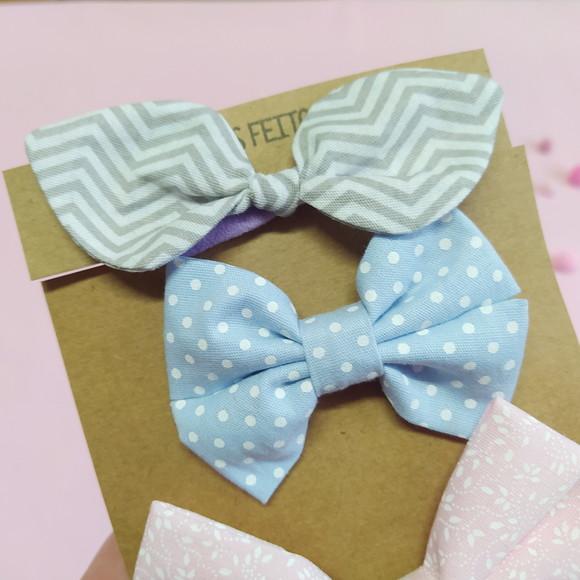 Kit 3 Laços Isa P, Libélula e Bella m - Cinza, Azul e Rosa
