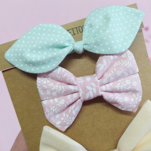 Kit 3 Laços Isa P, Libélula e Bella m - Verde, Rosa e Creme
