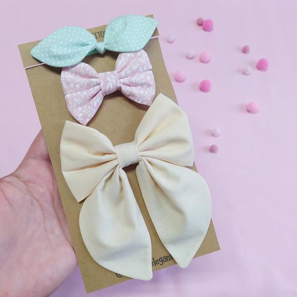 Kit 3 Laços Isa P, Libélula e Bella m - Verde, Rosa e Creme