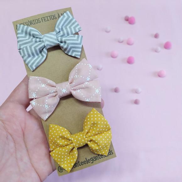 Kit de 3 Laços Libélula - Chevron Cinza, Rosé Claro, Amarelo