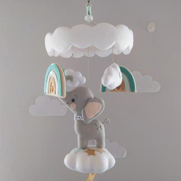 Móbile de Berço  Elefantinho nas Nuvens e Arco-íris Boho