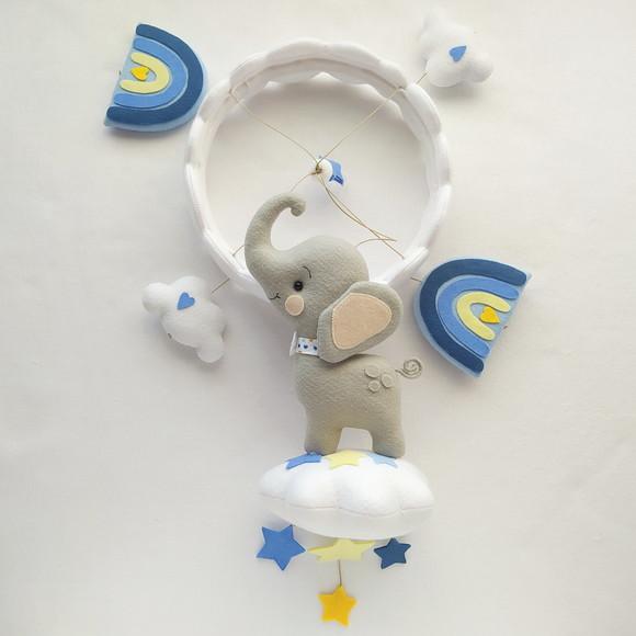Móbile de Berço  Elefantinho nas Nuvens e Arco-íris Azul
