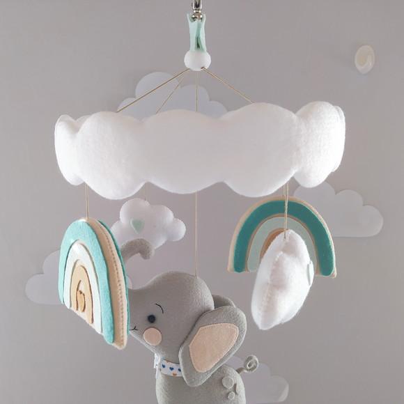 Móbile de Berço  Elefantinho nas Nuvens e Arco-íris Boho