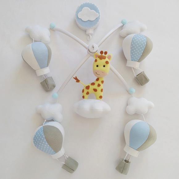 Móbile de Berço Musical Girafa, Balões e Nuvens Azul