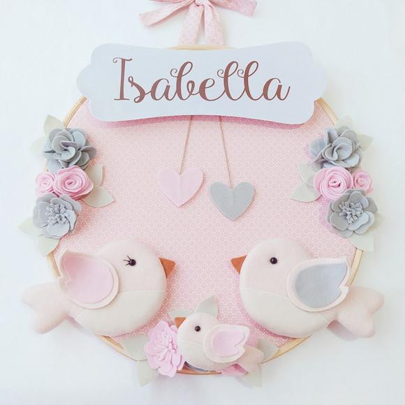 Quadro Bastidor + Móbile Musical Pássaros, Flores e Casinha