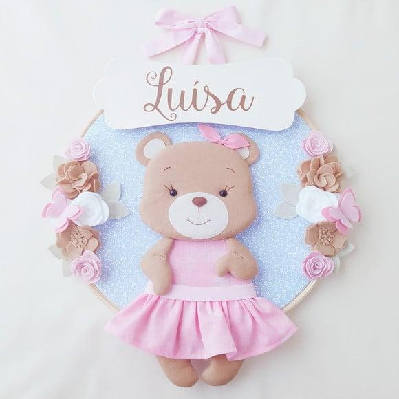 Quadro Bastidor Porta Maternidade Ursinha e Flores - Luísa