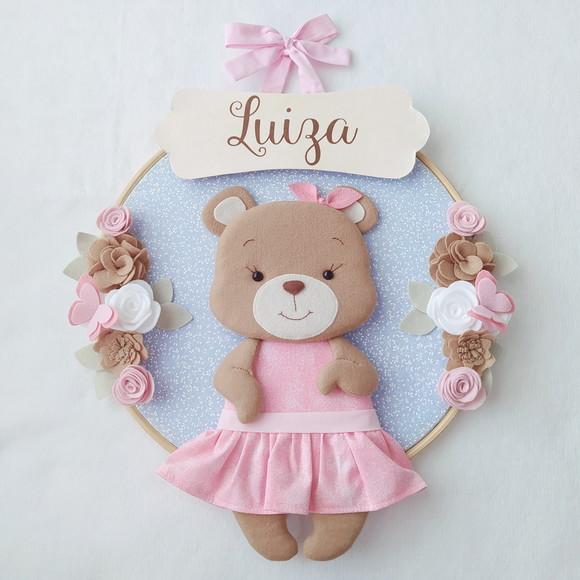Quadro Bastidor Porta Maternidade Ursinha e Flores - Luiza