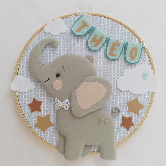 Quadro Maternidade Elefante, Nuvens e Estrelas - Théo