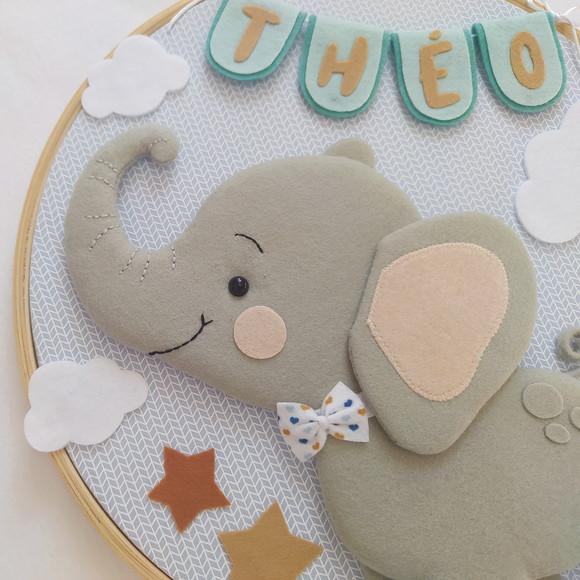 Quadro Maternidade Elefante, Nuvens e Estrelas - Théo