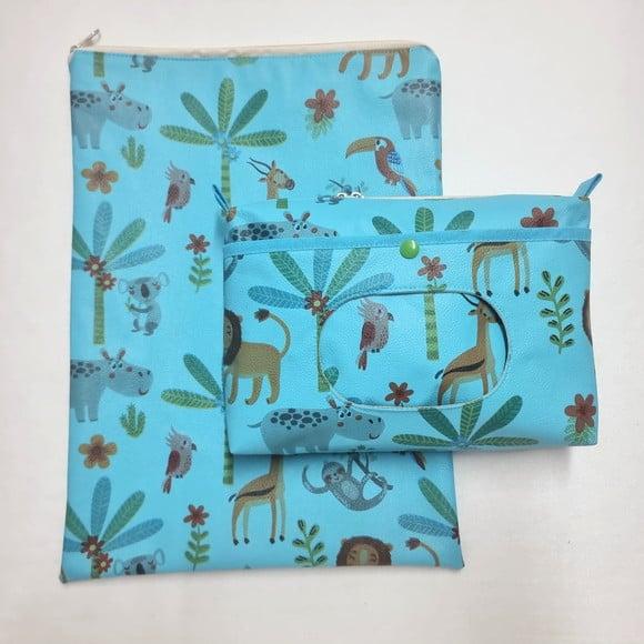 Saco Impermeável + Necessaire Porta Fralda - Safari Turquesa