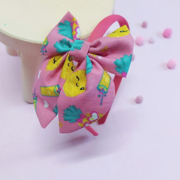Tiara com Laço Bella Abacaxi Rosa, Amarelo e Verde