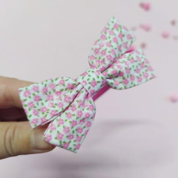 Tiara com Laço Libélula Mini Floral Rosa, Branco e Verde