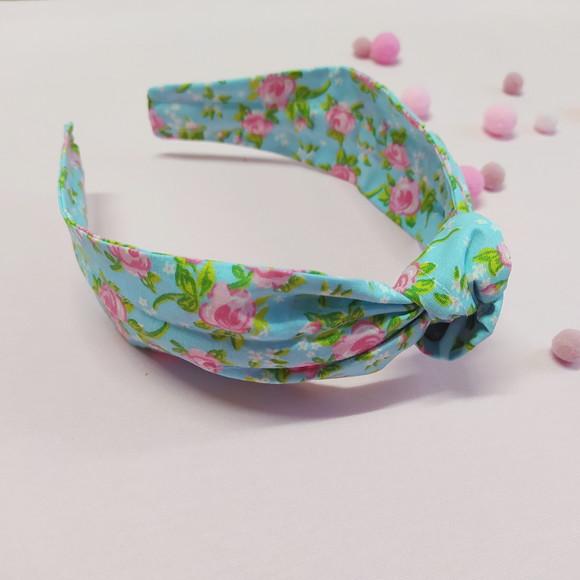 Tiara com Nó Floral Azul e Rosa