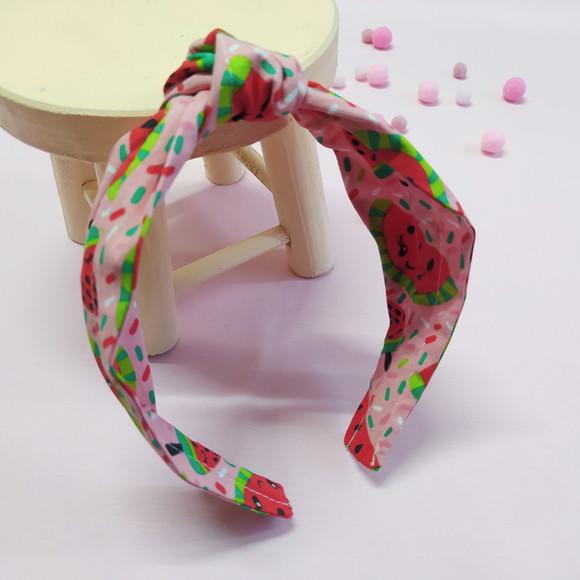 Tiara com Nó Melancia Rosa, Verde e Vermelha