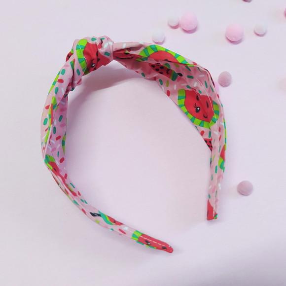 Tiara com Nó Melancia Rosa, Verde e Vermelha