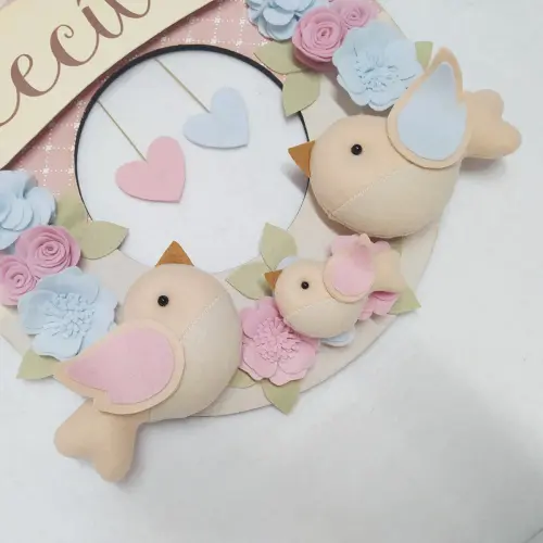 Guirlanda Passarinhos de Feltro Azul e Rosa - Marina