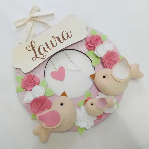 Guirlanda Passarinhos de Feltro Branco e Rosa - Laura