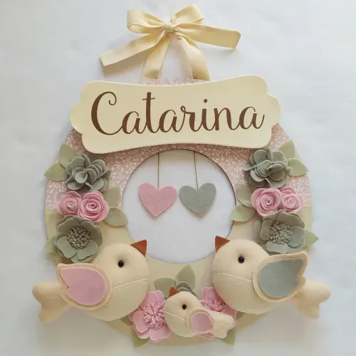 Guirlanda Passarinhos de Feltro Cinza e Rosa - Catarina