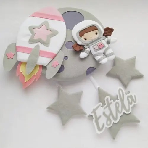 Enfeite Porta Maternidade Lua, Astronauta e Foguete - Estela