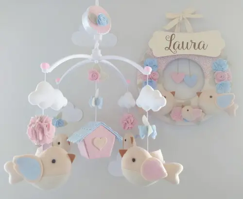 Guirlanda + Móbile Musical Pássaros Azul e Rosa - Laura