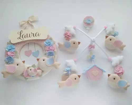 Guirlanda + Móbile Musical Pássaros Azul e Rosa - Laura