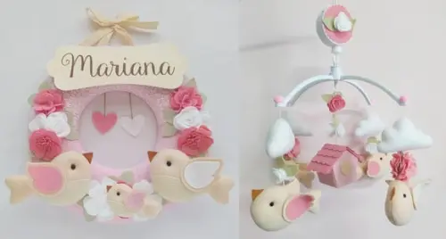Guirlanda + Móbile Musical Pássaros Branco e Rosa