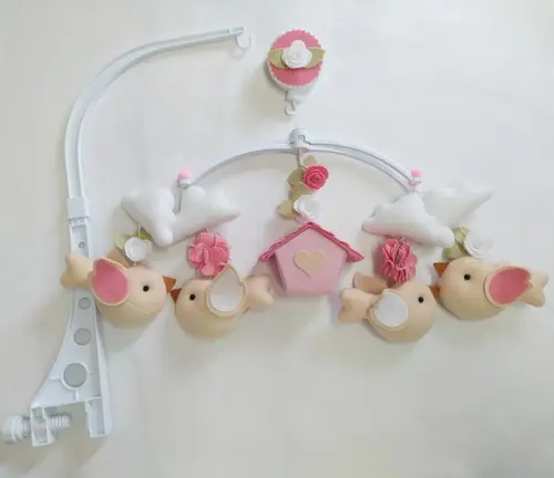 Guirlanda + Móbile Musical Pássaros Branco e Rosa