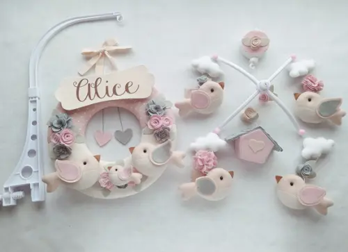 Guirlanda + Móbile Musical Pássaros Cinza e Rosa - Alice