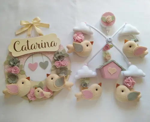 Guirlanda + Móbile Musical Pássaros Cinza e Rosa - Catarina