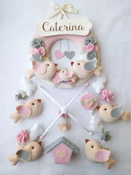 Guirlanda + Móbile Musical Pássaros Cinza e Rosa - Caterina