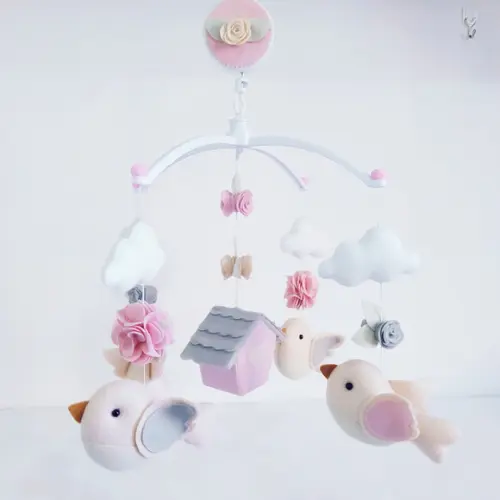 Guirlanda + Móbile Musical Pássaros Cinza e Rosa - Giovanna