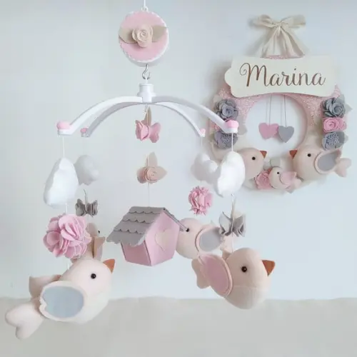 Guirlanda + Móbile Musical Pássaros Cinza e Rosa - Marina