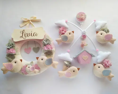 Guirlanda + Móbile Musical Pássaros Cinza e Rosa - Lívia