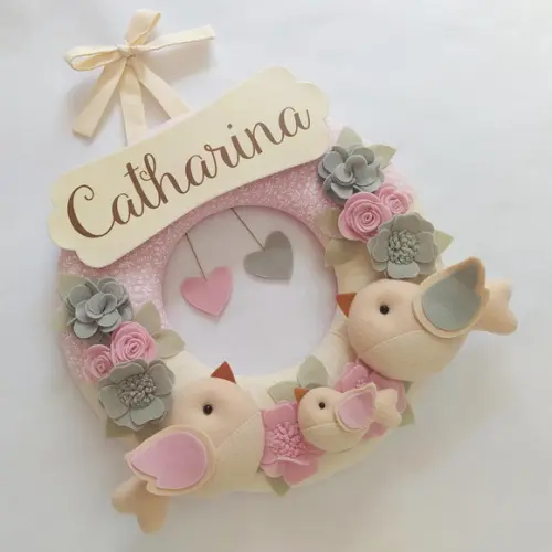 Guirlanda + Móbile Musical Pássaros Cinza e Rosa Catharina