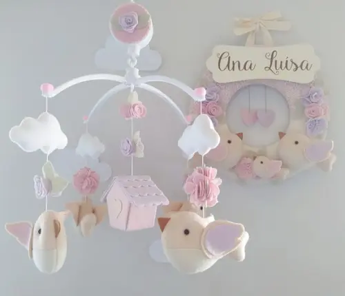 Guirlanda + Móbile Musical Pássaros Lilás e Rosa - Ana Luísa