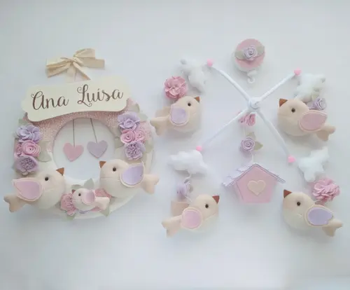 Guirlanda + Móbile Musical Pássaros Lilás e Rosa - Ana Luísa