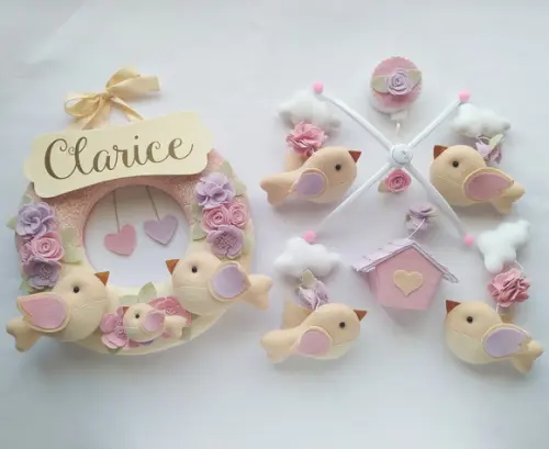 Guirlanda + Móbile Musical Pássaros Lilás e Rosa - Clarice