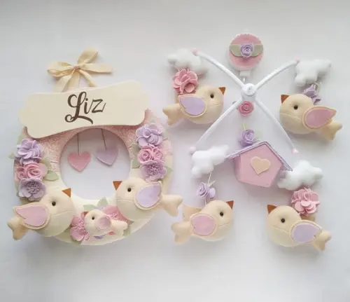 Guirlanda + Móbile Musical Pássaros Lilás e Rosa - Liz
