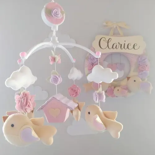Guirlanda + Móbile Musical Pássaros Lilás e Rosa - Clarice